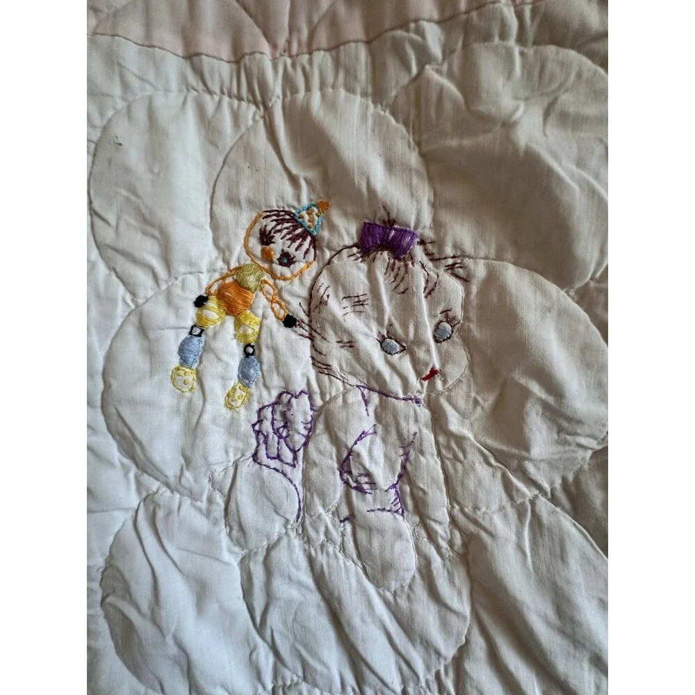 Vintage Handmade Baby Quilt – Embroidered Nursery Animals Pink 52 X 42
